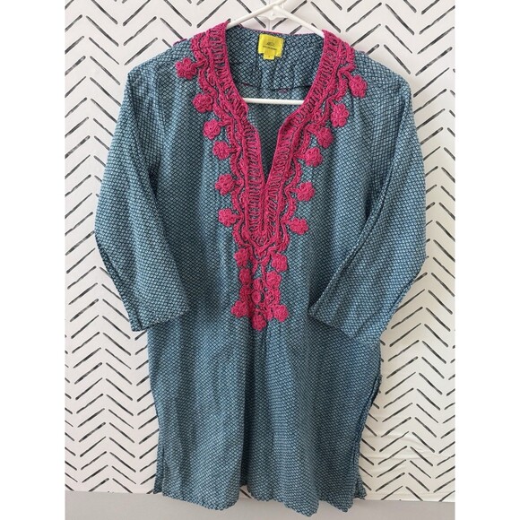 ROLLER RABBIT Boho Tunic Cover Up Applique Popover 3/4 Sleeve‎ Cotton Blue Sz S - Picture 1 of 6